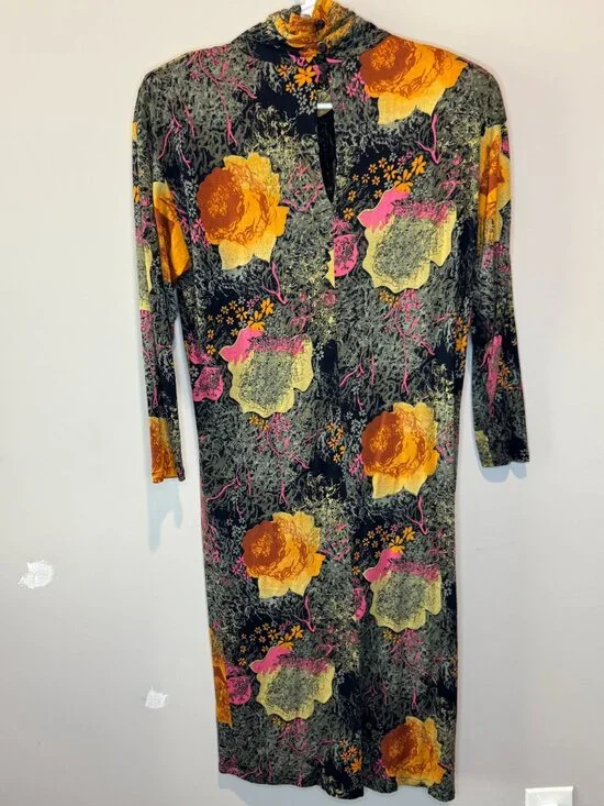 Vintage Womens M Lona Floral Mock Neck Midi Dress Silk Blend USA 90s Artsy - Picture 4 of 5